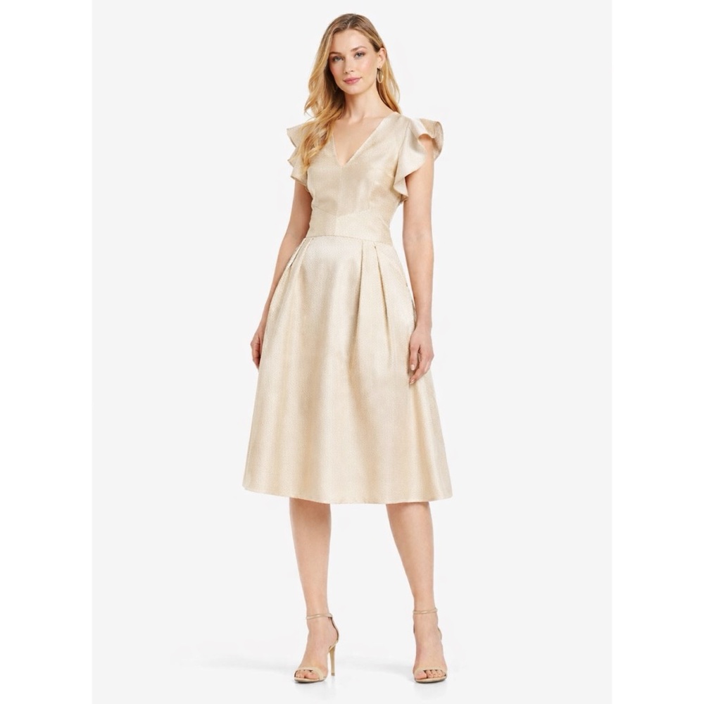 Cremieux Champagne Gold Ruffle Sleeve Midi Dress Satin A-Line NWT Wedding